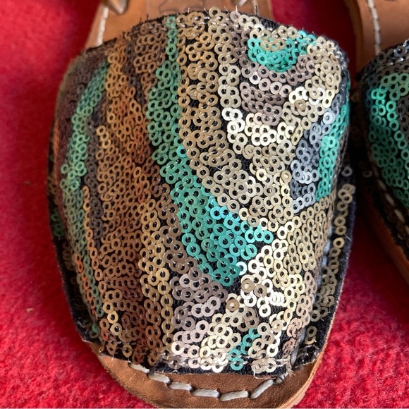RIA Sz 38 Sequin Peacock Colourway Avarca Made ln Spain Menorca Leather Sandals - Picture 5 of 12